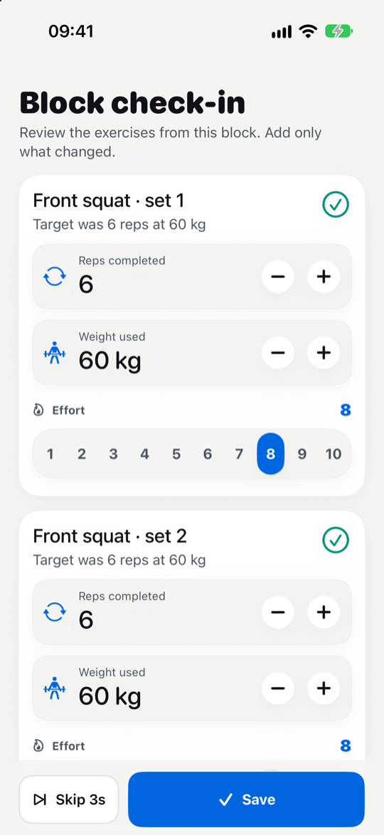 Noostaa check-in screen with reps, weight and effort per set