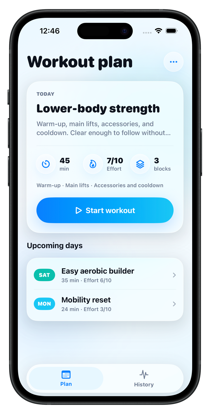Noostaa iPhone workout plan screen